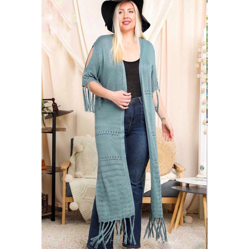 DAVI & DANI Blue Sage Half Sleeve Solid Color Cardigan with Fringe - Picture 2 of 7